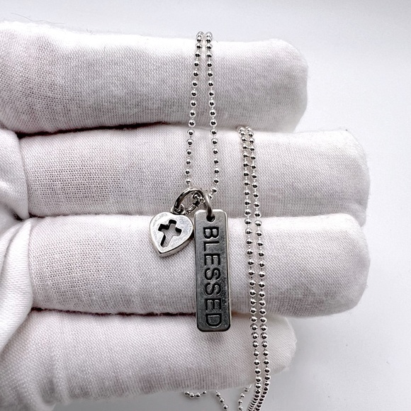 Sale $22 Firm!  .925 Sterling Blessed & Cross Heart Charm Necklace - Picture 5 of 11